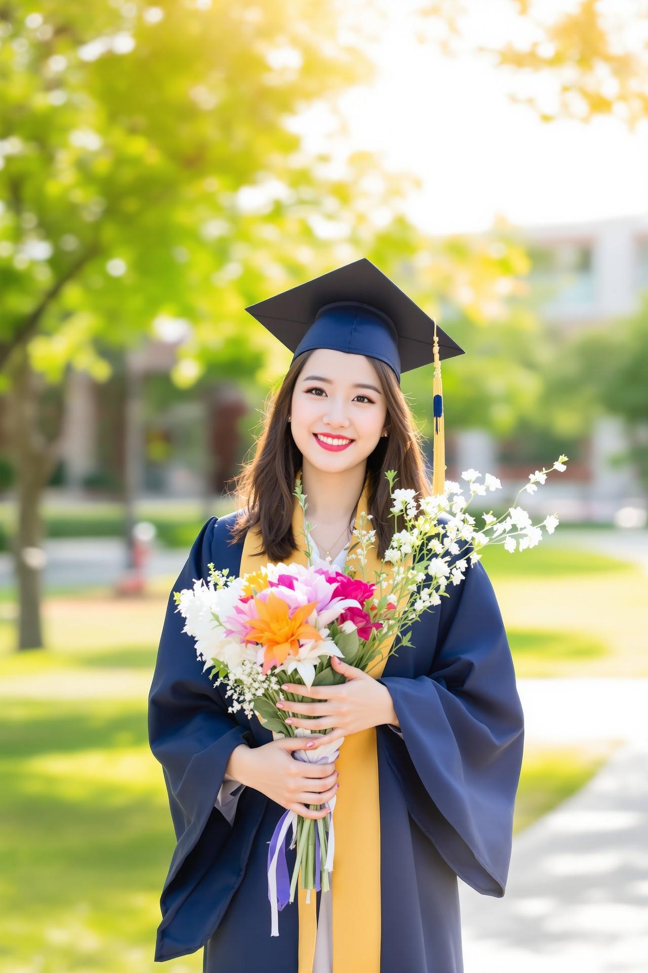 青春校园 - 身着学士服的大学毕业生在校园绿地上手捧花束，阳光笑脸毕业写真 - 每日福利