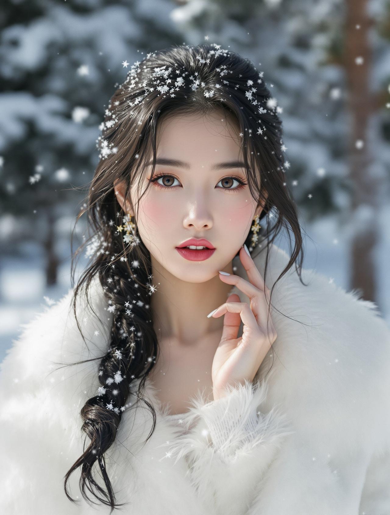 雪后森林 - 身着白色皮草大衣站在被雪覆盖的松林中的女性 - 每日福利