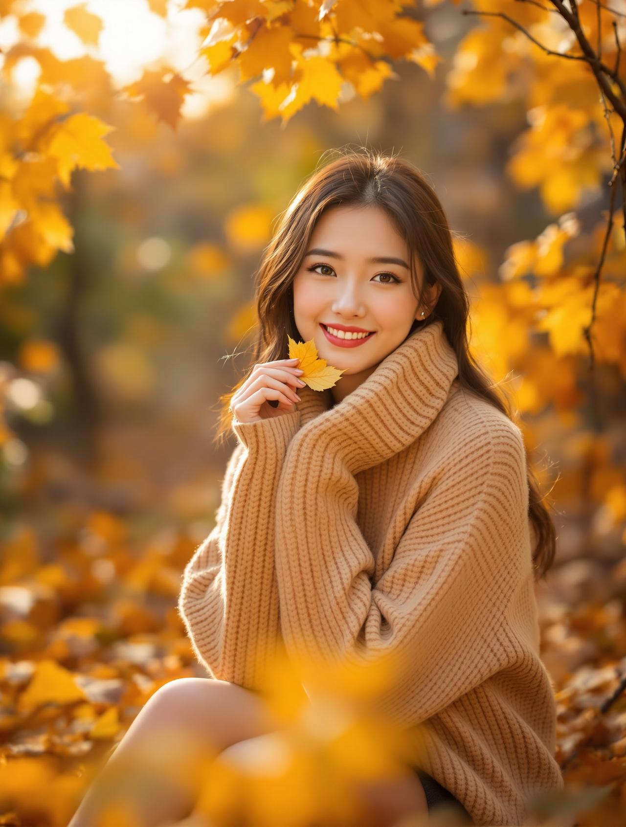 秋日暖阳 - 身着温暖针织毛衣坐在金黄秋叶中的女性 - 每日福利