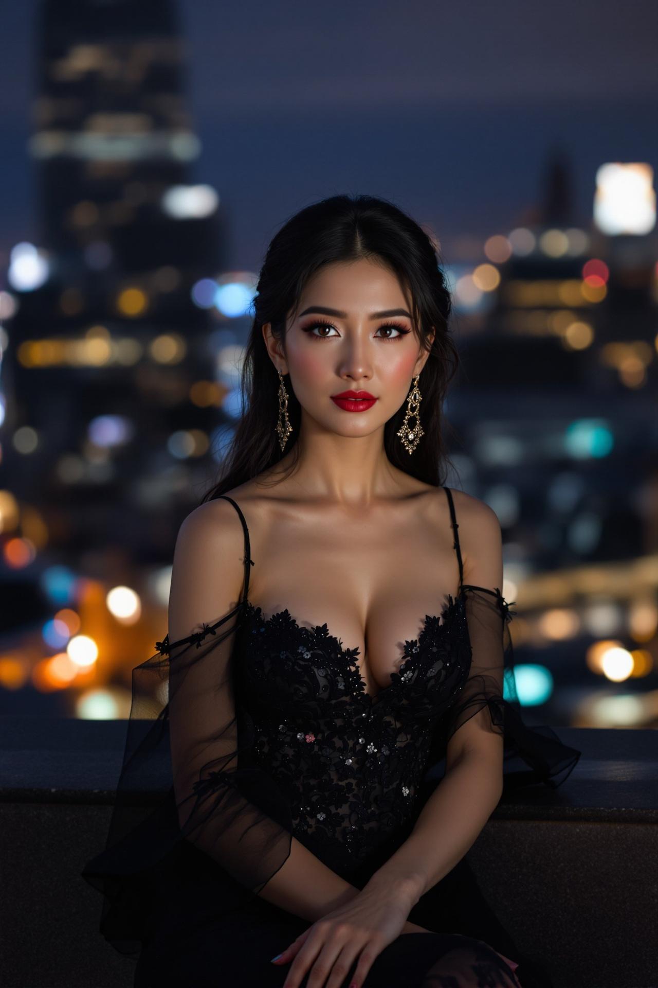 都市魅影 - 优雅成熟女性身着黑色晚礼服站在城市天台上，夜景灯光为背景，魅力写真 - 每日福利